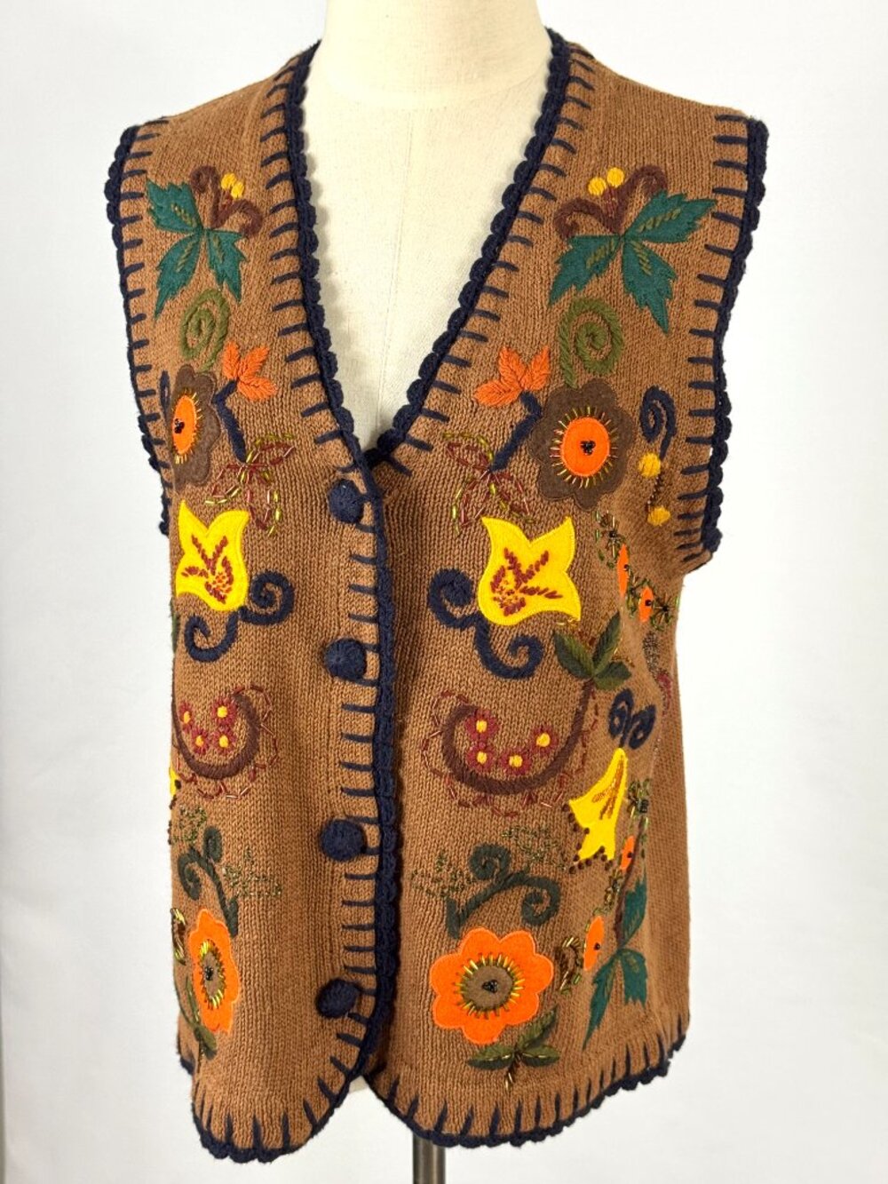 Vtg 90s Autumn Folk Floral Applique Knit Sweater Vest Fall Leaves Brown Orange - Picture 2 of 9